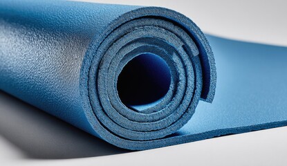 Rolled-up blue exercise mat. Close-up view of a coiled yoga mat