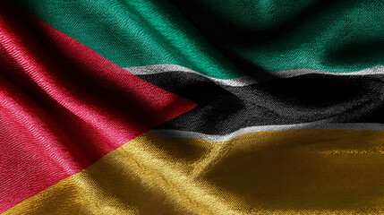 Silk flag of Mozambique celebrating Independence Day with vibrant colors and rich textures