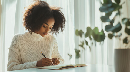 African-American woman writing in notebook at home with plants