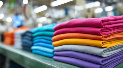 Fototapeta premium Vibrant Apparel Palette: A vivid spectrum of folded textile garments, showcasing a harmonious blend of color in an industrial setting, perfectly arranged for visual appeal.