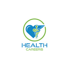 Health careers logo with heart and caduceus isolated on white background design