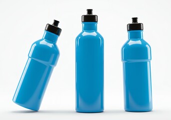 Naklejka premium Bright blue sports water bottles with black lids in three angles showing cycling squeeze bottle design for athletic hydration branding mockup
