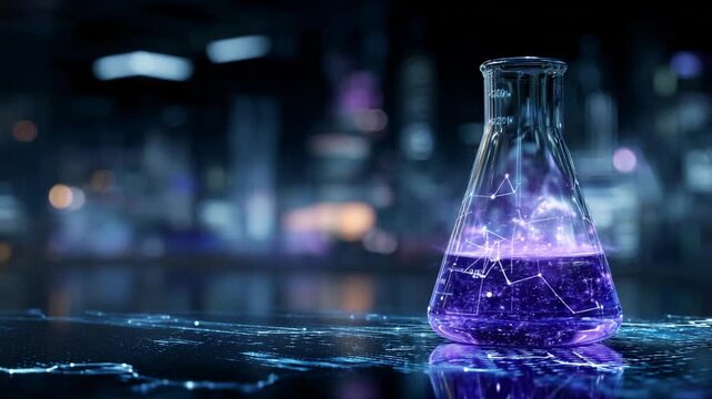 Glowing purple liquid swirling in laboratory flask