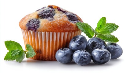 Blueberry muffin with fresh mint and blueberries
