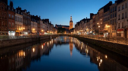 Fototapeta premium Cityscape illuminated along canal at dusk