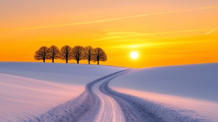 winter landscape with tree alley in sunset. Wintry vista avenue of timber in sundown tranquil scene nature dusk countryside scenic season woodland frost twilight panorama