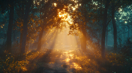 Serene pathway through a lush green forest surrounded by towering trees and vibrant foliage