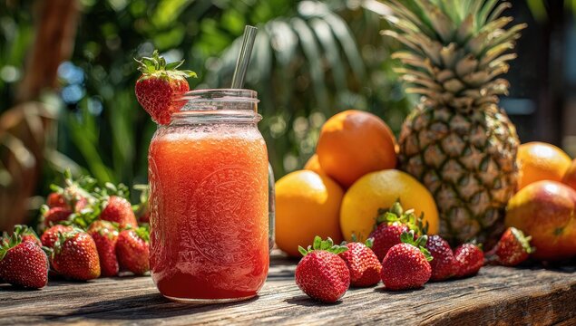 Fresh strawberry smoothie in a mason jar, surrounded by fruit - Powered by Adobe