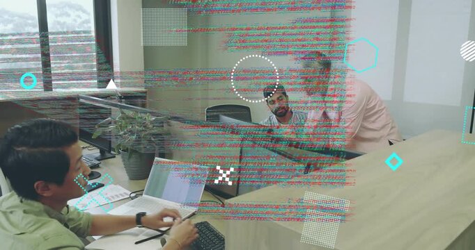 After reviewing papers woman guiding teammate writing code in tech demo with floating graphics