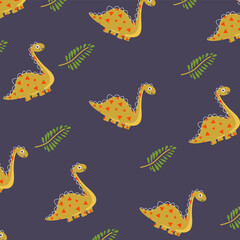 yellow dinosaur brontosaurus seamless pattern vector cartoon design for kids apparel fullprint fabric