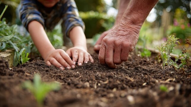 Grandfather and grandson planting seeds in rich, fertile soil, nurturing new life together while sharing a heartfelt moment in the garden, fostering connection and tradition - Powered by Adobe