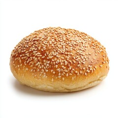 Freshly baked sesame seed bun with a golden crust, isolated on a white background for culinary use