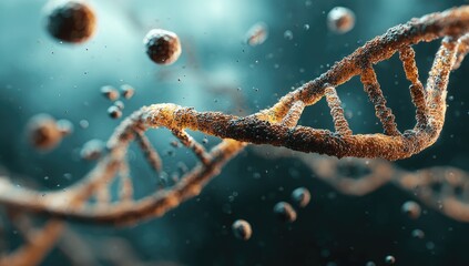 DNA strand, microscopic,  with particles.  Complex,  organic  structure.  Abstract,  3D