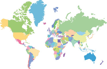 Colorful political world map vector with clearly defined country borders, perfect for education, travel, infographics, and presentations. Clean Global Map Illustration. Color-Coded Nation, Print-Ready