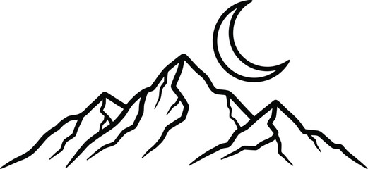 Mountain Range with Crescent Moon on White, Minimalist Line Art