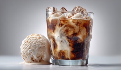 Iced coffee drink with a scoop of vanilla ice cream