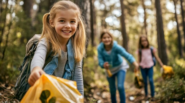 Family hiking adventure  young girl and loved ones collecting litter in a beautiful forest