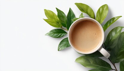 Overhead view of a cup of coffee surrounded by fresh green leaves on a white background