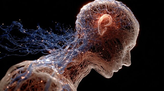 Medical visualization depicting a transparent human head and nervous system, highlighting the pineal gland, suggesting a connection with insomnia and other sleep disorders
