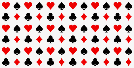 Seamless pattern of playing card suits including hearts, spades, clubs, and diamonds in red and black, representing casino, gambling, poker, and card game concepts.