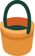 A flat design illustration of an empty orange wooden bucket with a dark green handle.