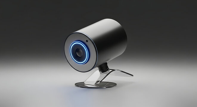A sleek, black webcam with a blue illuminated ring around the lens, mounted on a chrome stand, against a gradient gray background. - Powered by Adobe
