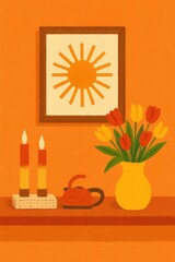 Cozy still life with tulips, candles, and sun painting