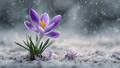 A vibrant purple crocus flower emerges from snow