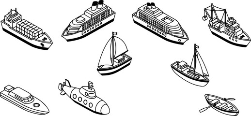 Ship and boat icons set in isometric 3d style. Sailing elements set collection vector illustration
