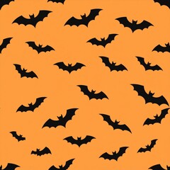Fototapeta premium Seamless Halloween Pattern with Black Silhouette Bats on Orange Background