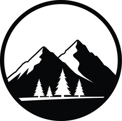 Mountain Peaks and Evergreen Trees in a Black Circle Logo