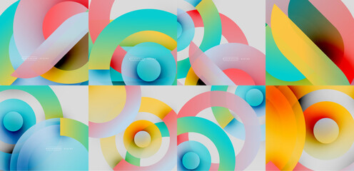 Abstract colorful overlapping circles create dynamic visual patterns. Soft gradients suggest depth, movement, modern design aesthetic.