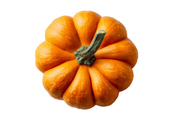Bright orange pumpkin with a green stem on white