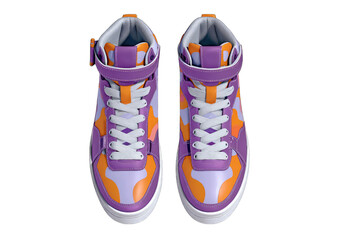 High-top sneakers in vibrant purple and orange.  Atop view, showing laces, velcro strap, and bold pattern