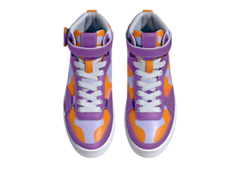 High-top sneakers in vibrant purple and orange.  Atop view, showing laces, velcro strap, and bold pattern