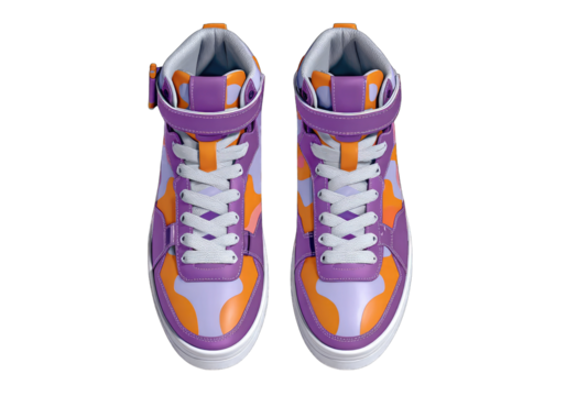 High-top sneakers in vibrant purple and orange.  Atop view, showing laces, velcro strap, and bold pattern