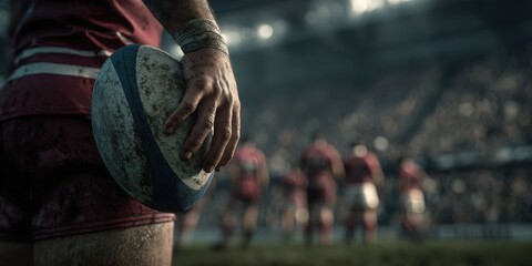 Rugby Player Holding Ball Near Team on Field