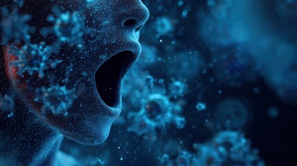 Obraz premium Medical visualization depicting dynamic virus particle dispersion during yawning, illustrating potential airborne disease transmission through respiratory mechanisms