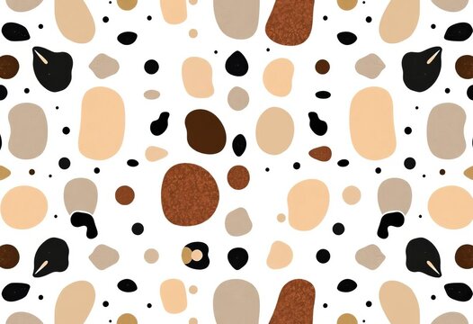 Abstract seamless pattern featuring beige, brown, grey, and black shapes on a white background , fabric, shapes - Powered by Adobe