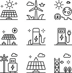 Sustainable energy and low emission power system line icons featuring solar wind hydrogen and ev charging for clean generation and grid infrastructure