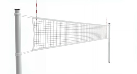 Complete white volleyball net system with poles and red-white antenna flags viewed from angle showing professional court equipment setup