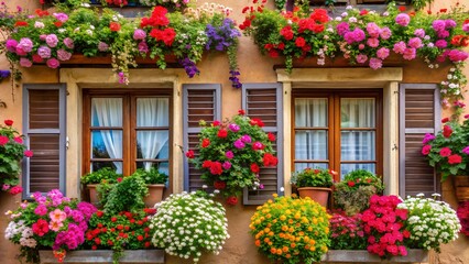 Photo of colorful flowers adorn a charming european window