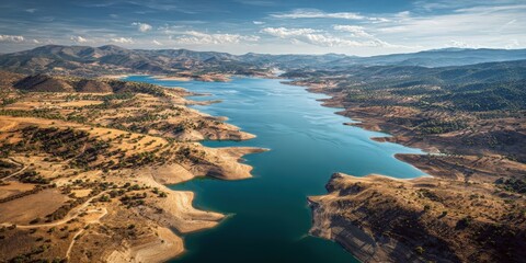 Fototapeta premium Aerial View of Drought-Affected Embalse de La Serena in Southern Spain