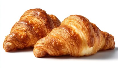 Two golden croissants, slightly overlapping, on a white background