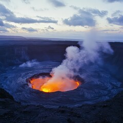 Volcanic crater with steaming vents neonorange lava cracks at dusk dramatic contrast