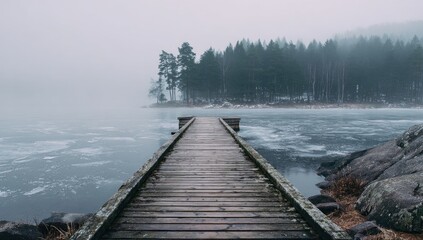 Misty Lakeside Wooden Pier
