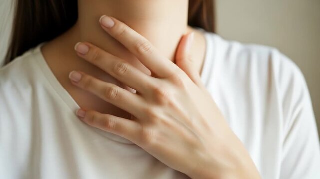 Woman suffering from sore throat or thyroid gland problem, health concept