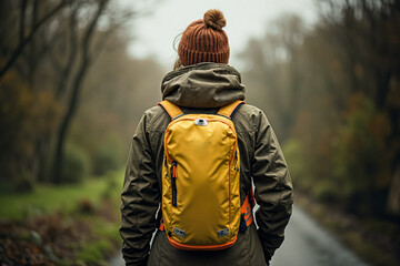 Woman with Backpack Walking Trail Woods, Back View, Rural Hiking Path