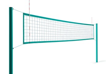 Professional teal volleyball net with rectangular mesh grid and metal poles for beach or indoor court sports equipment