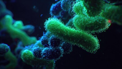 Close-up view of vibrant green and blue bacteria.  Complex structures, possibly DNA or cellular components, are visible. Dark background